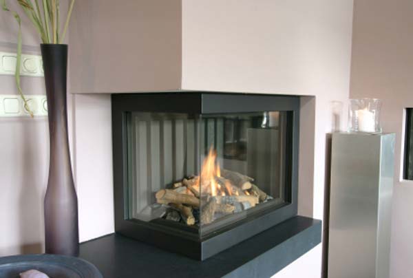 Corner Fireplace; Modern Gas Metal and Glass Design