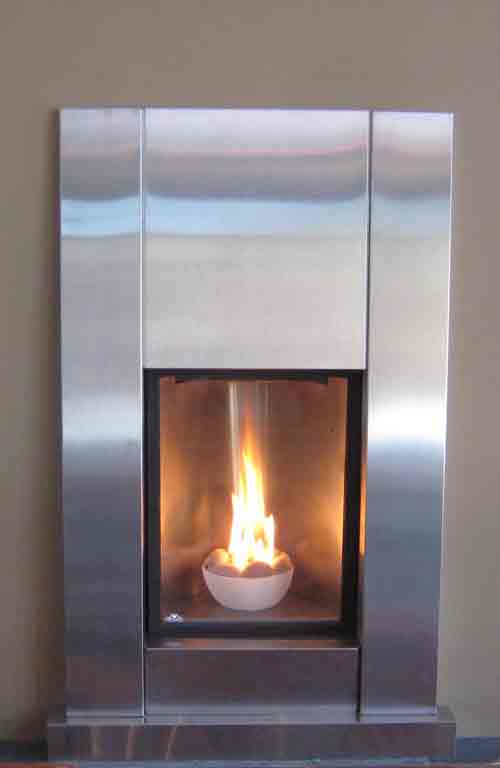 Fireplace Design; Beautiful Picture of a Modern Stainless Steel Fireplace Design fired by Propane Gas