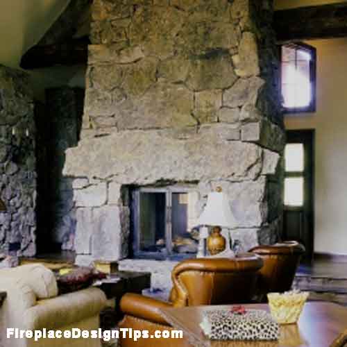 Rock Fireplace Pictures, Rustic Two Storey Rock Fireplace Design Picture