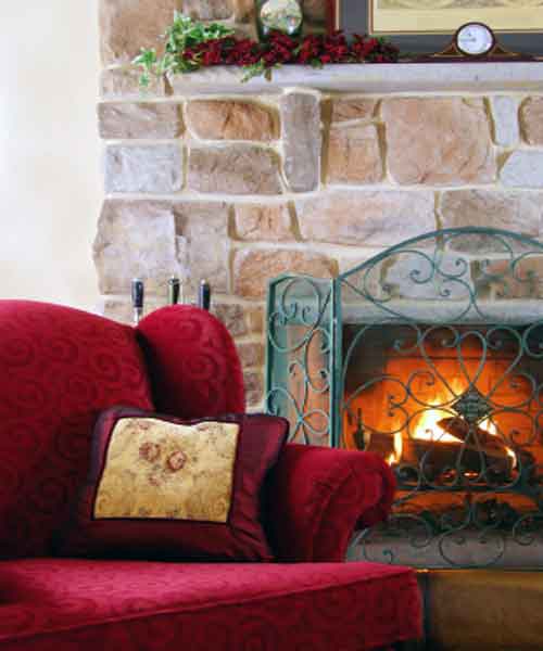 Stone Fireplaces, Stone Fireplace Photo With Bold Red Couch in Design