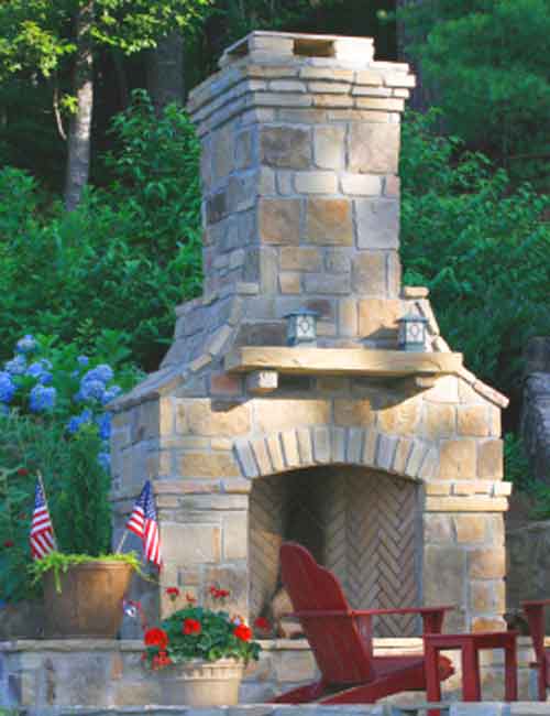 Outdoor Fireplace Pictures, Massive Outdoor Stone Fireplace Design with Red Accents Pic